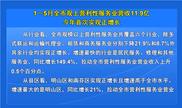 1—5月全市规上营利性服务业营收11.9亿今年首次实现正增长