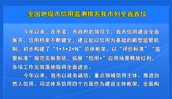 全国地级市信用监测排名我市列全省首位